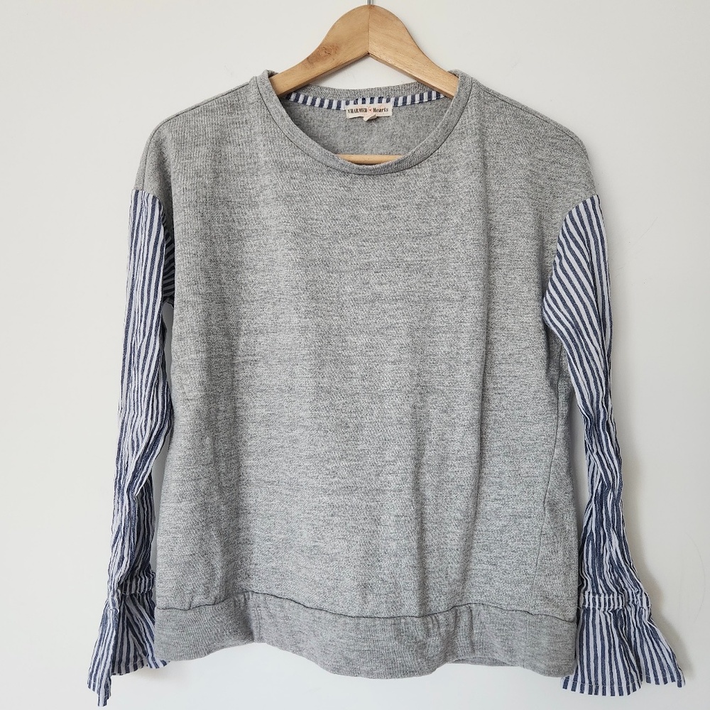 Mixed Media Bell Sleeve Sweatshirt‎ Medium Blue Stripes Preppy Coastal Old Money - Picture 16 of 16